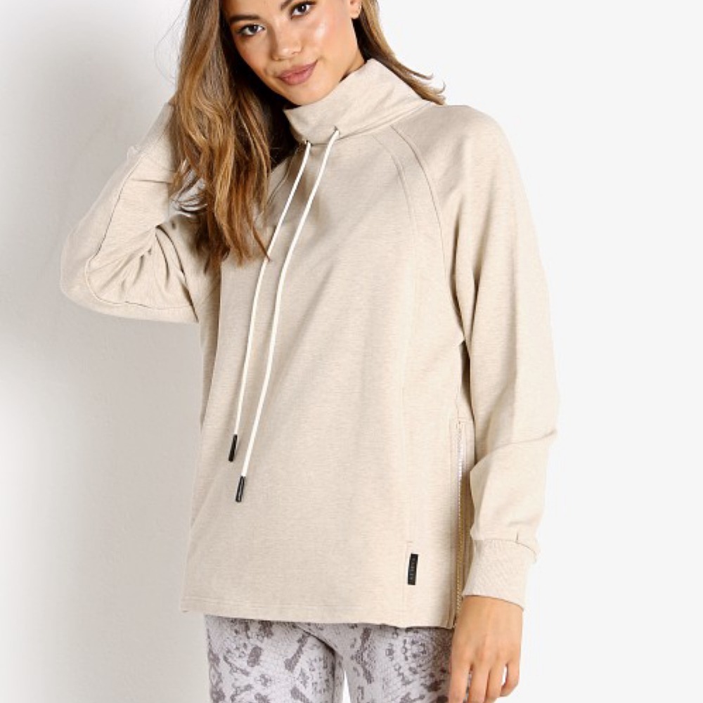 Varley Atlas Sweatshirt Sand Beige Funnel Neck Zip Athleisure Loungewear Yoga S
